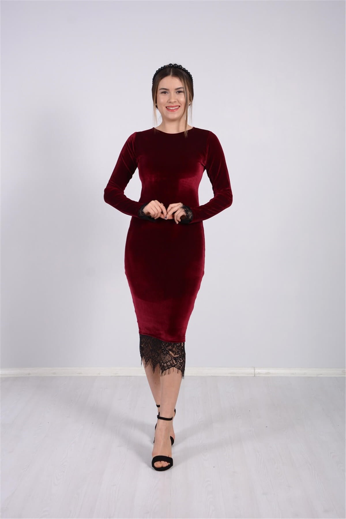 Kadife Kumaş Dantel Elbise - Bordo