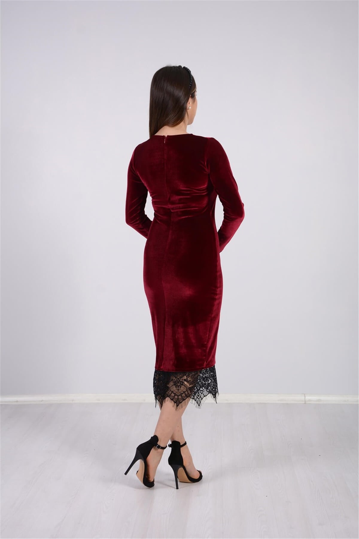 Kadife Kumaş Dantel Elbise - Bordo