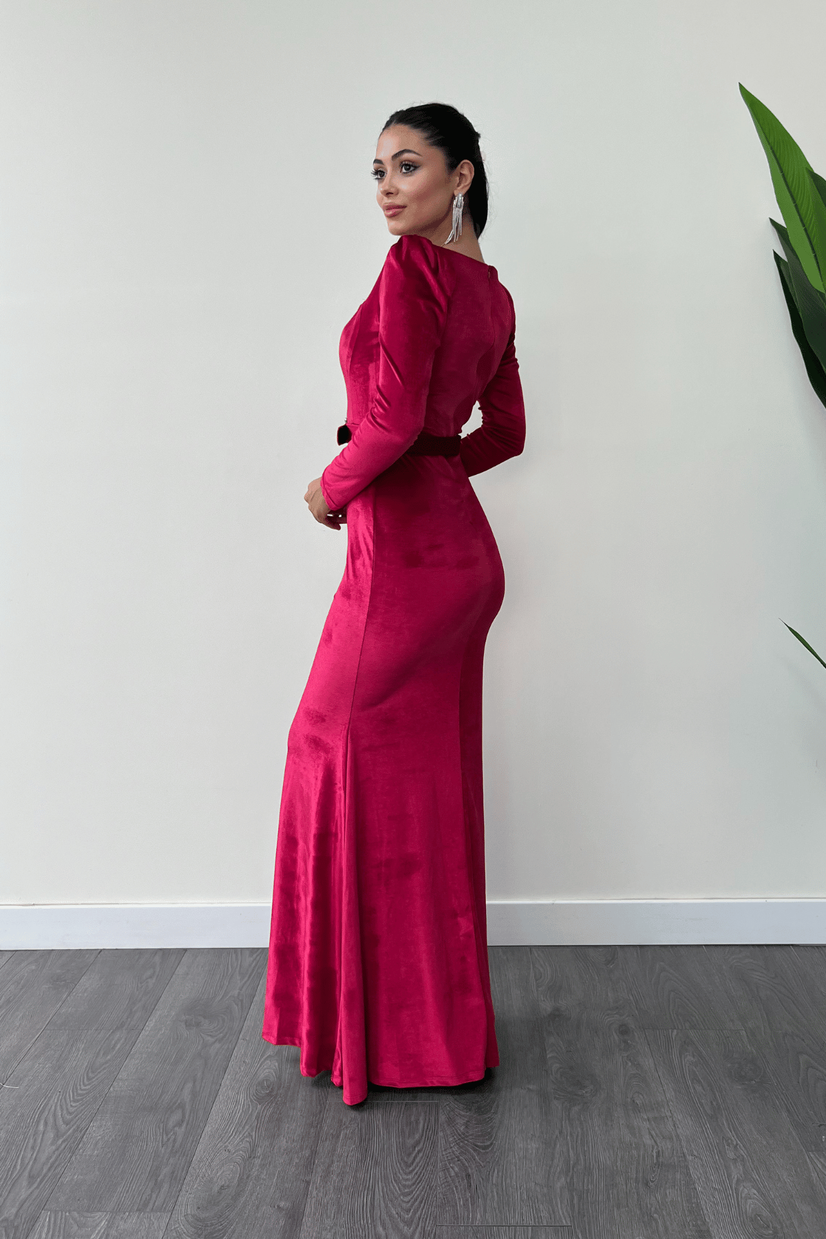 Velvet Fabric Heart Neck Fish Dress - BURGUNDY