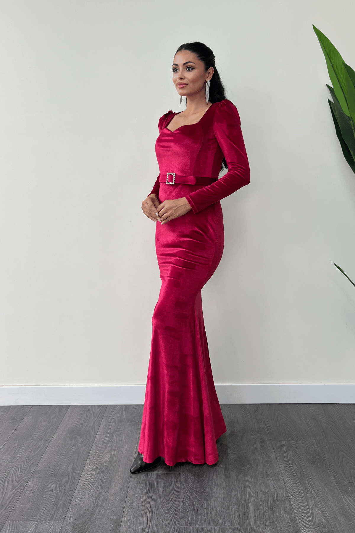 Velvet Fabric Heart Neck Fish Dress - BURGUNDY