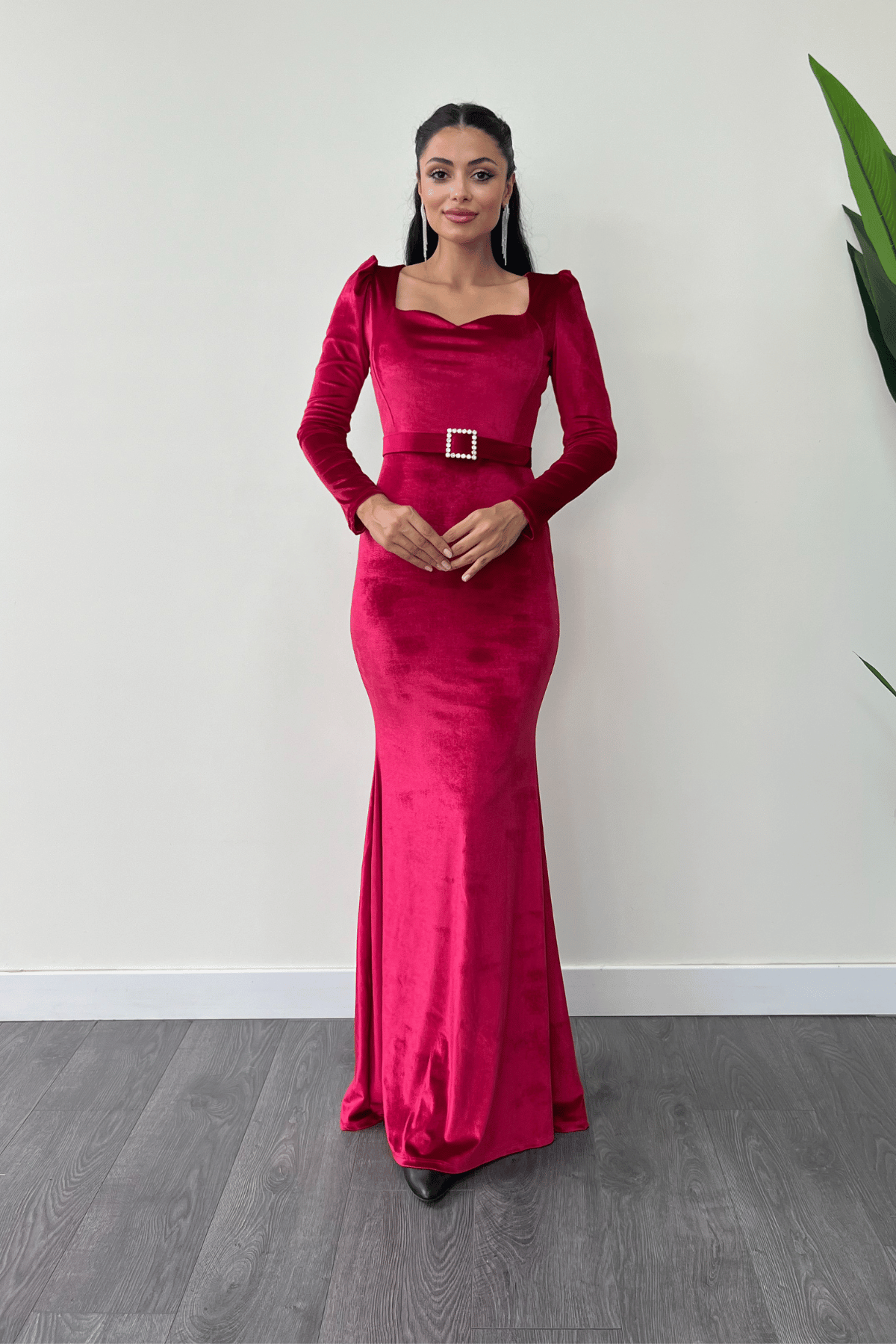 Velvet Fabric Heart Neck Fish Dress - BURGUNDY