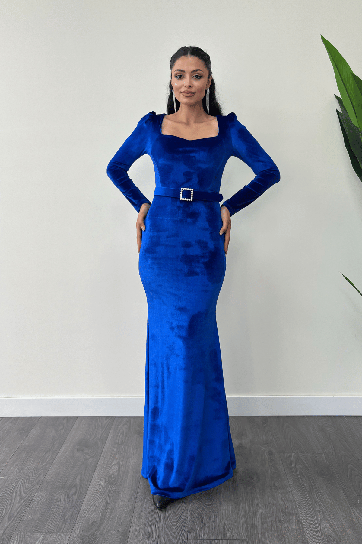 Velvet Fabric Heart Neck Fish Dress - SAKS BLUE