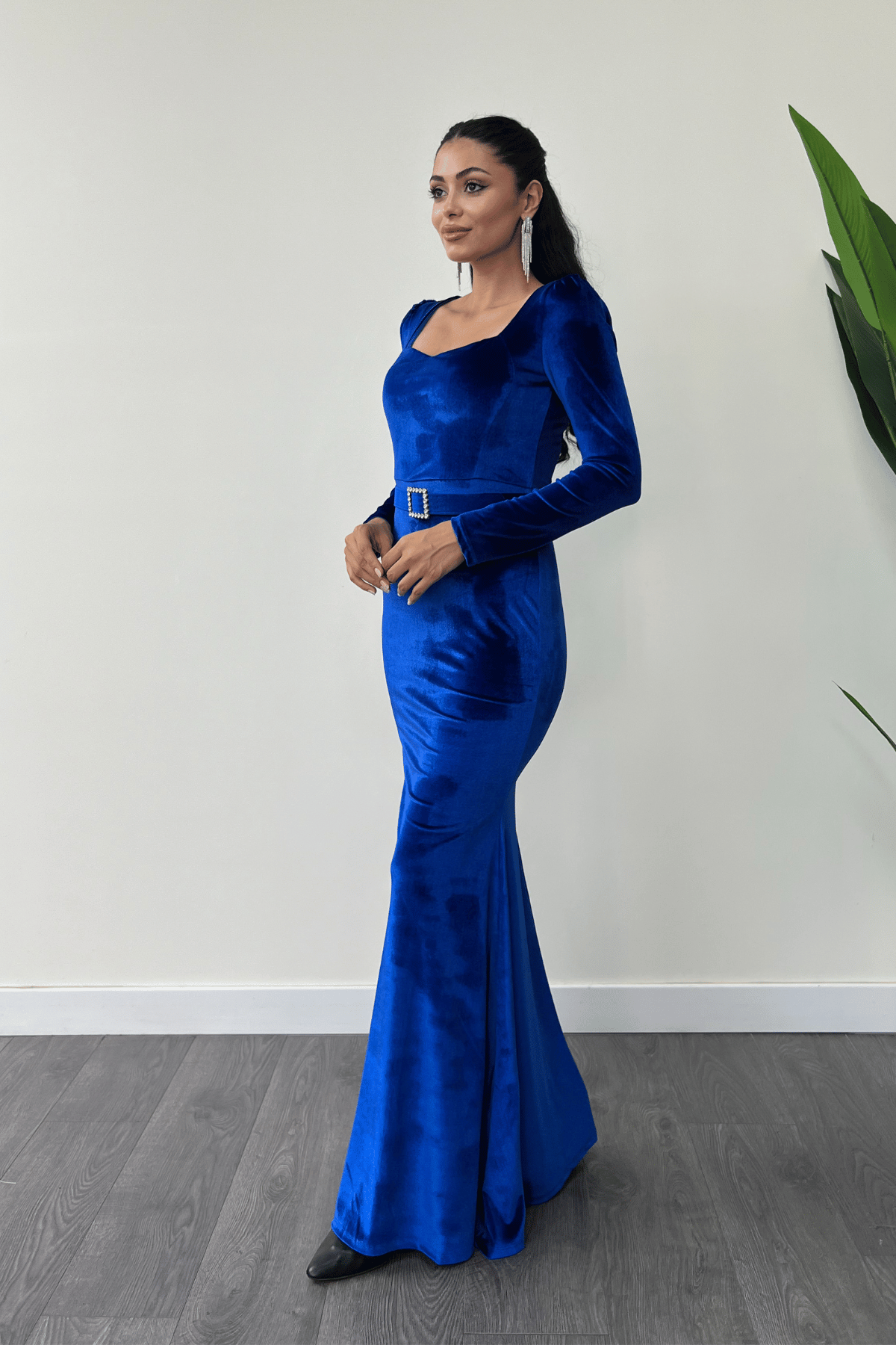 Velvet Fabric Heart Neck Fish Dress - SAKS BLUE