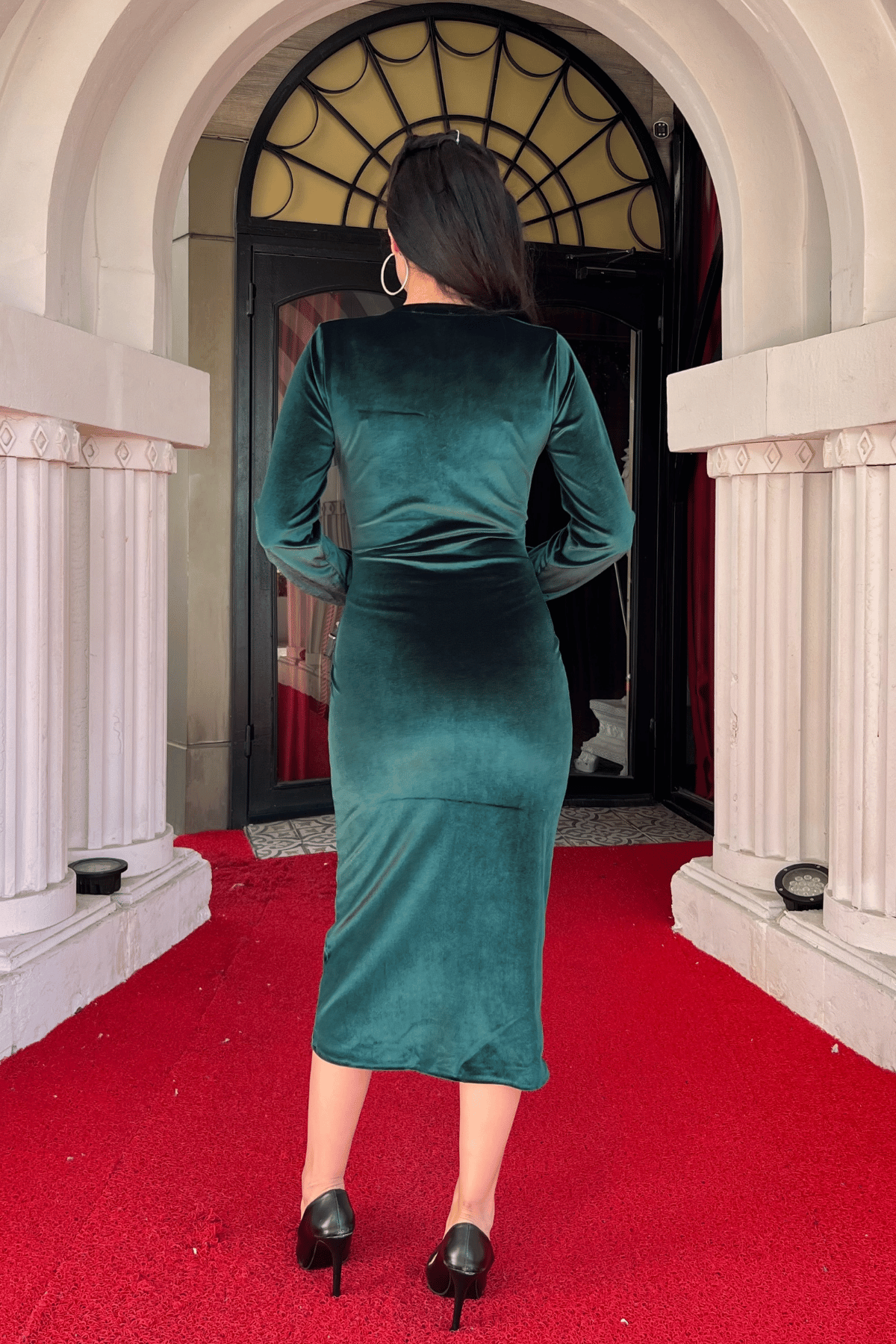 Kadife Kumaş Kruvaze Yaka Kalem Elbise - ZÜMRÜT YEŞİL