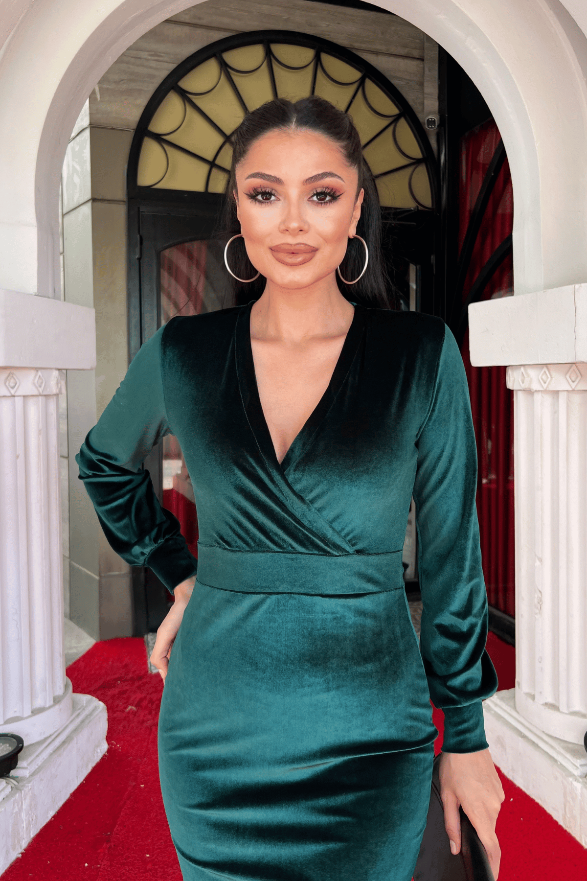 Kadife Kumaş Kruvaze Yaka Kalem Elbise - ZÜMRÜT YEŞİL