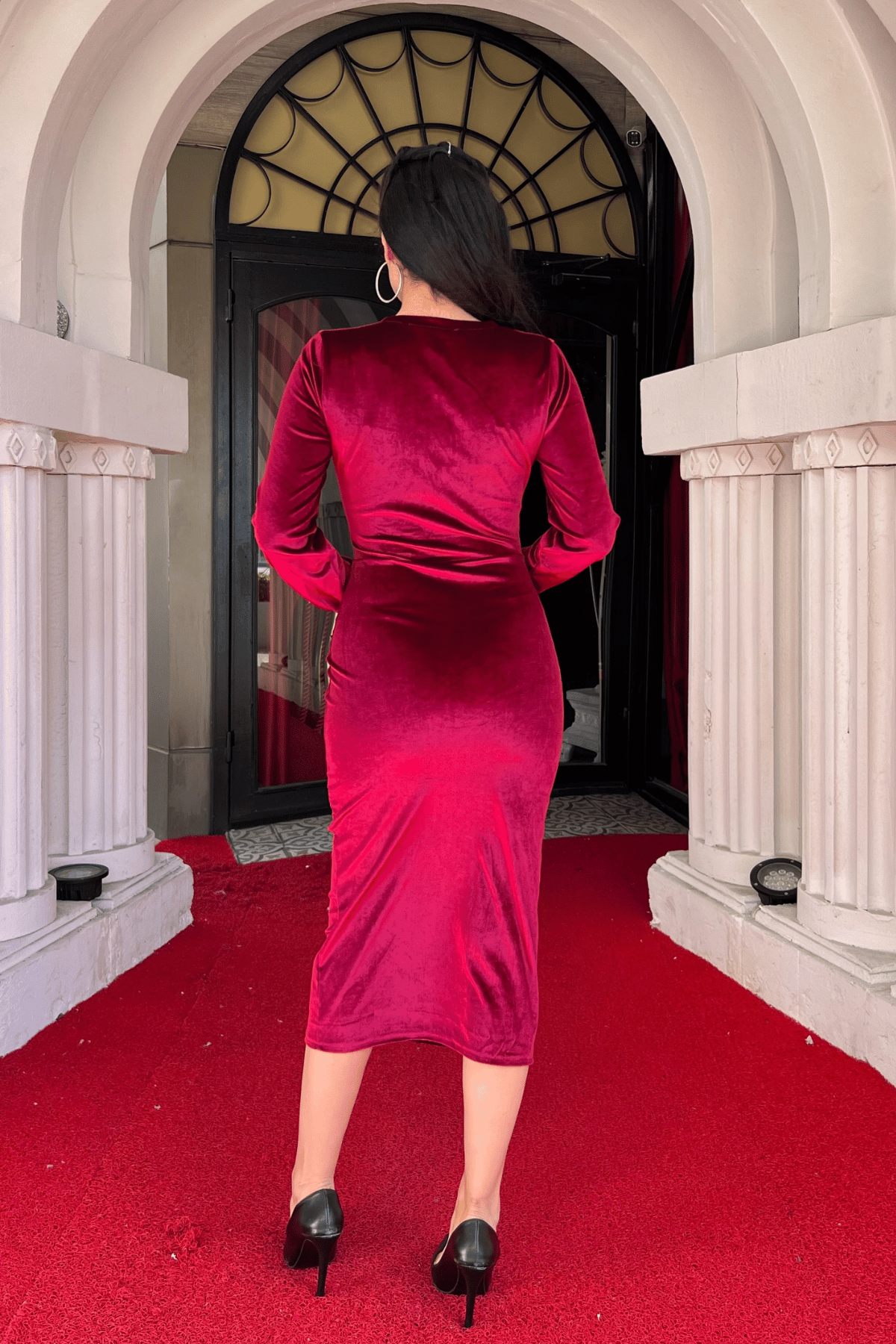 Kadife Kumaş Kruvaze Yaka Kalem Elbise - BORDO