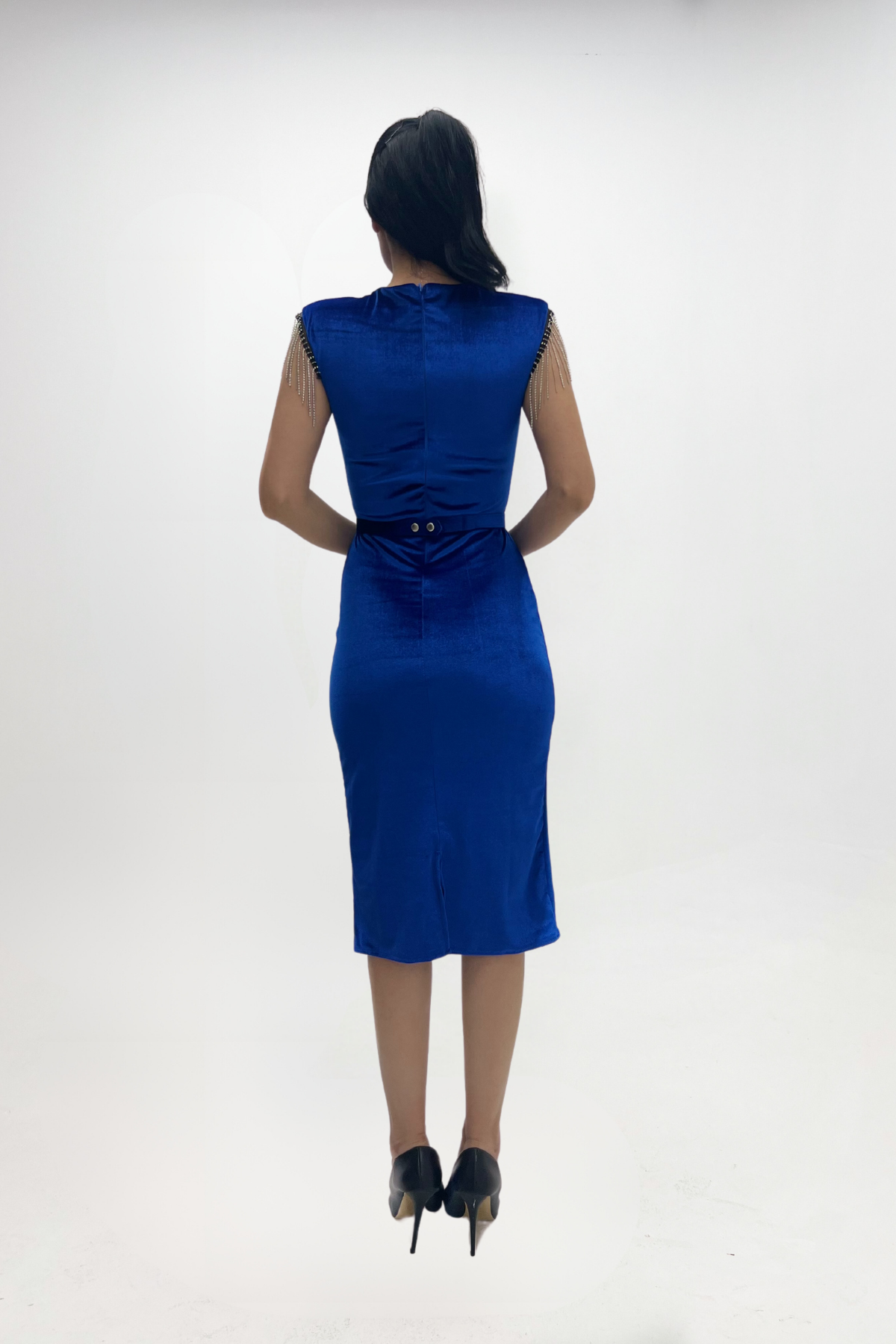 Kadife Kumaş Omuz Püsküllü Kalem Elbise - SAKS MAVİ