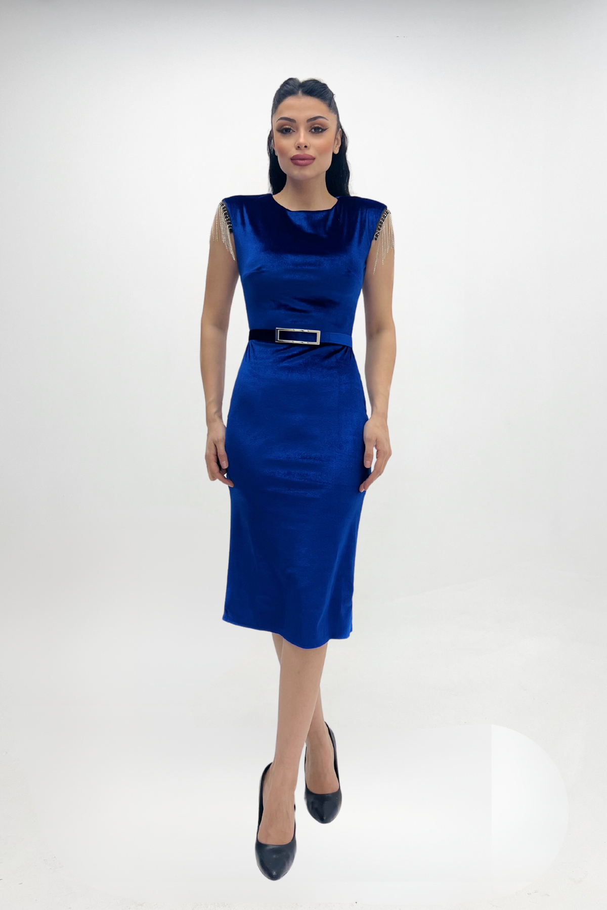 Kadife Kumaş Omuz Püsküllü Kalem Elbise - SAKS MAVİ