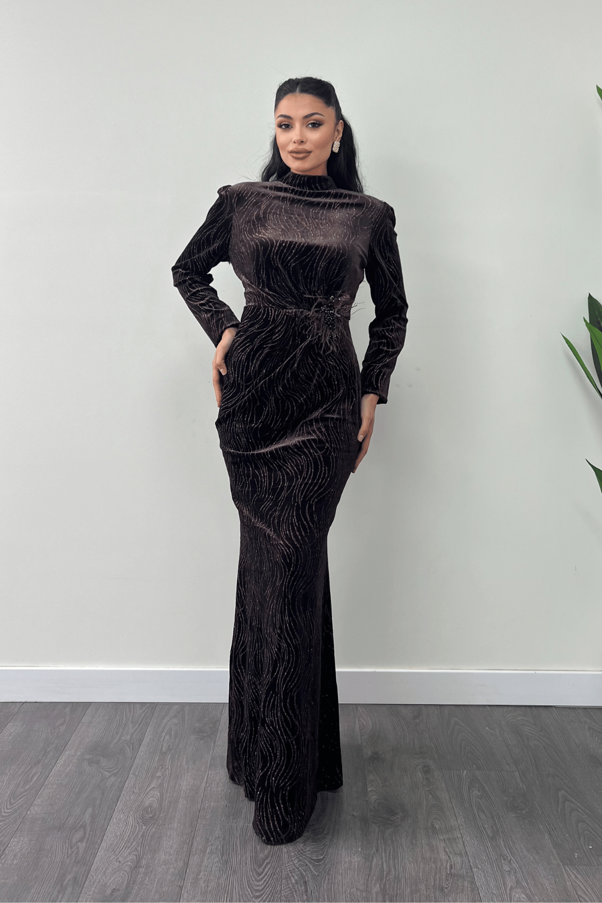 Kadife Kumaş Sim Baskılı Abiye Elbise - KAHVERENGİ