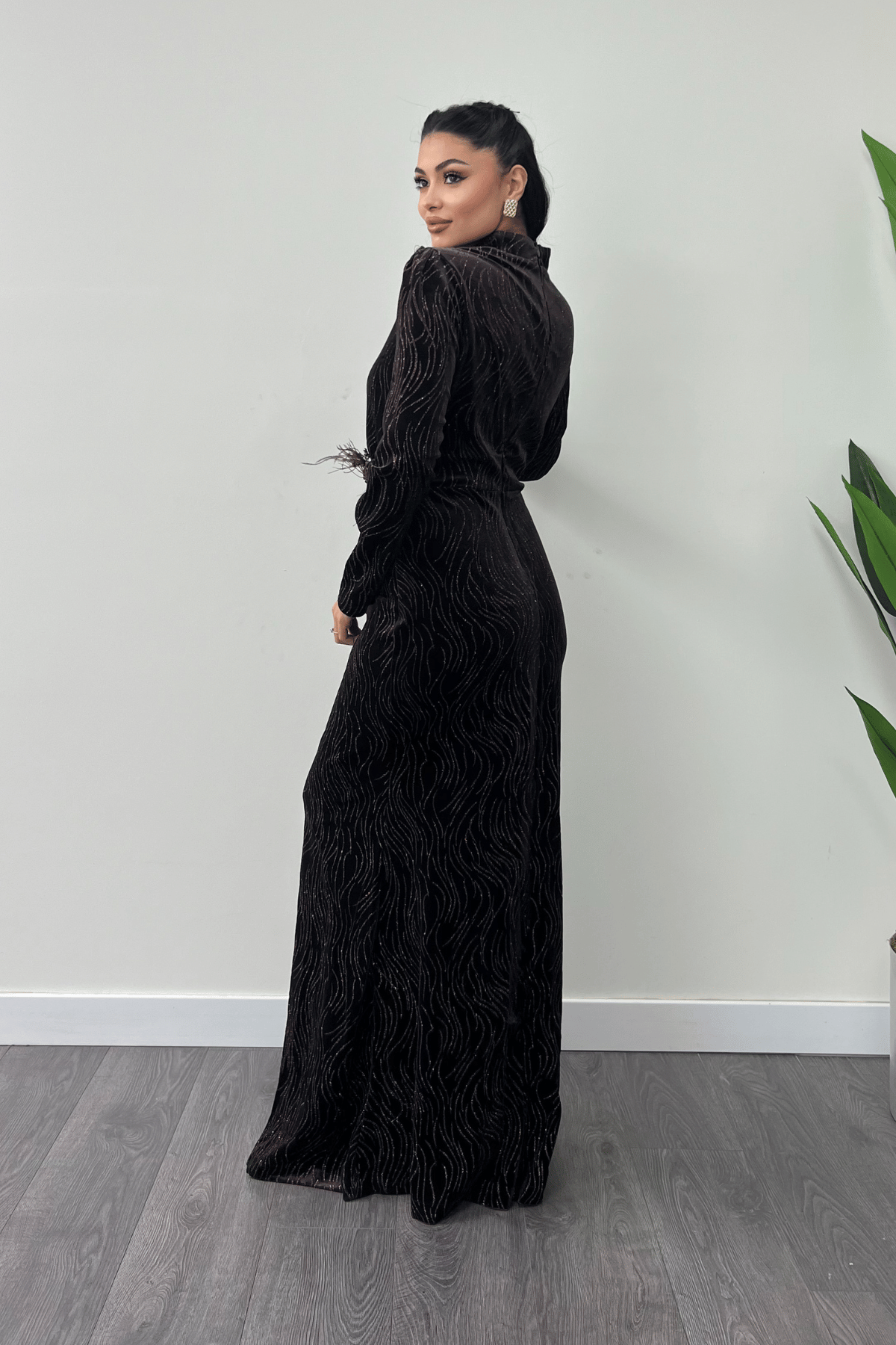 Kadife Kumaş Sim Baskılı Abiye Elbise - KAHVERENGİ