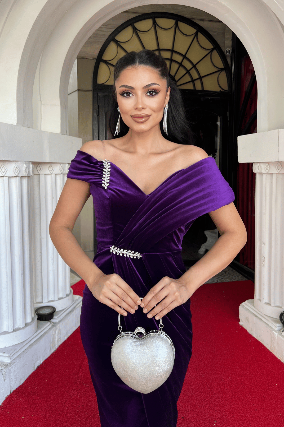 Kadife Kumaş Taş Detaylı Abiye Elbise - PATLICAN MOR