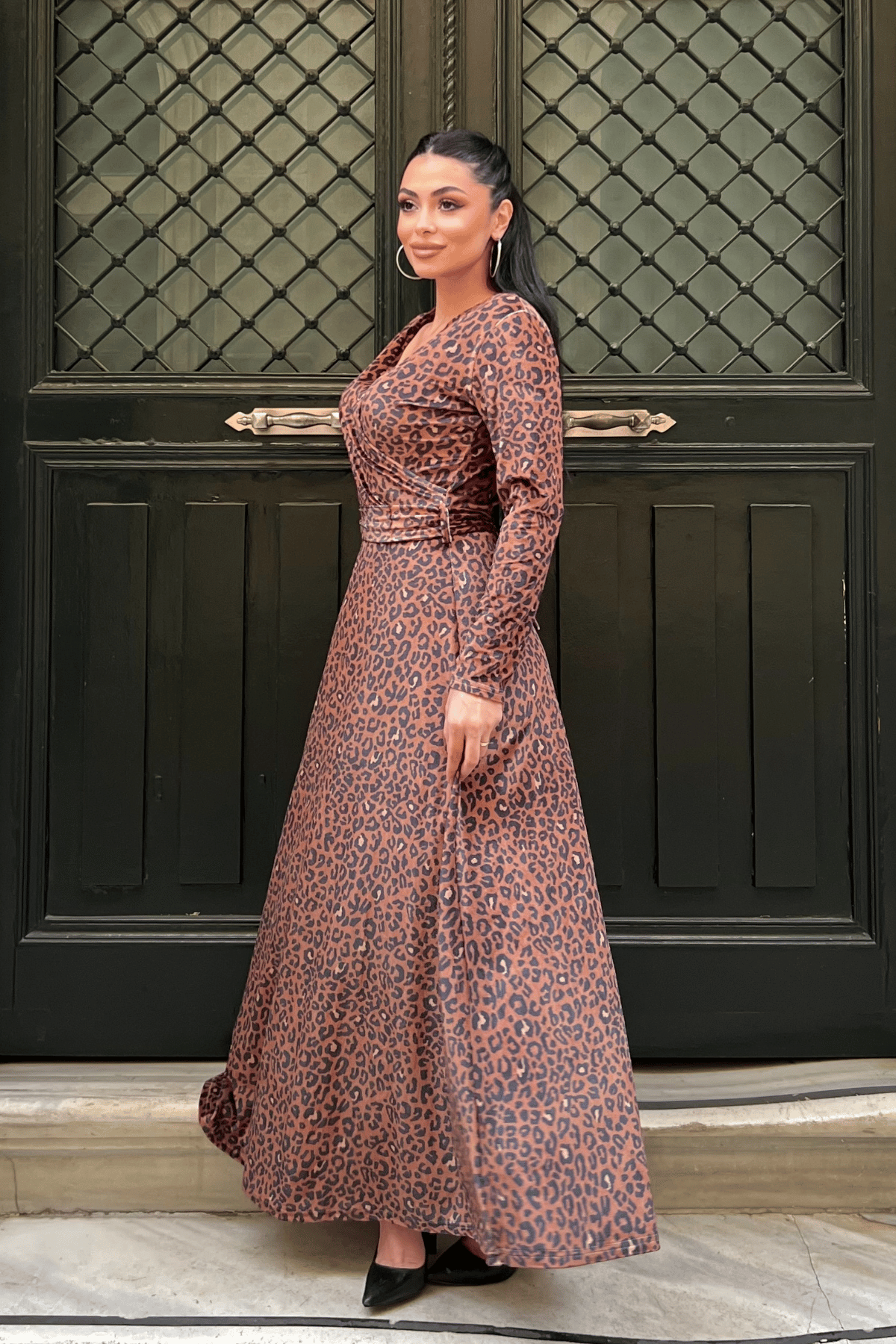 Kadife Leopar Desenli Elbise - LEOPAR