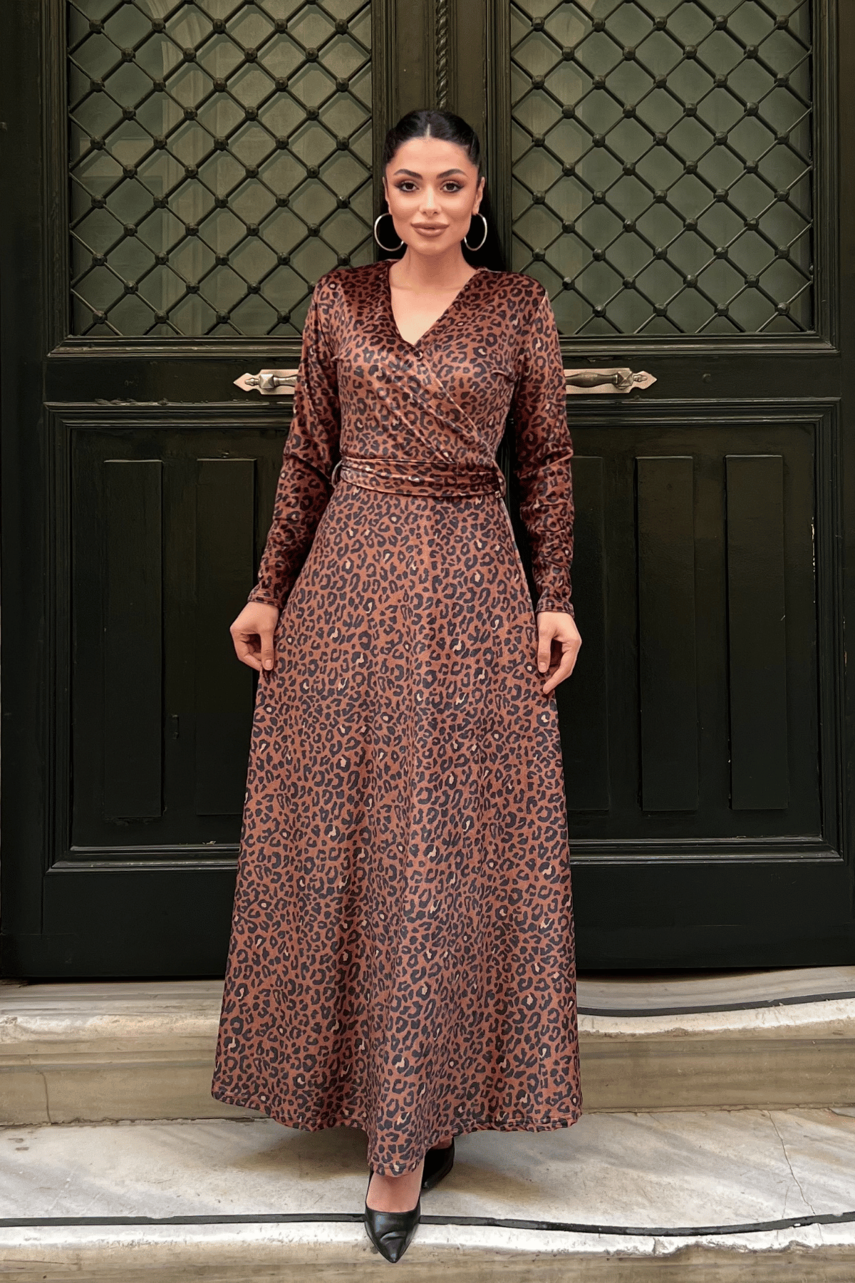 Kadife Leopar Desenli Elbise - LEOPAR