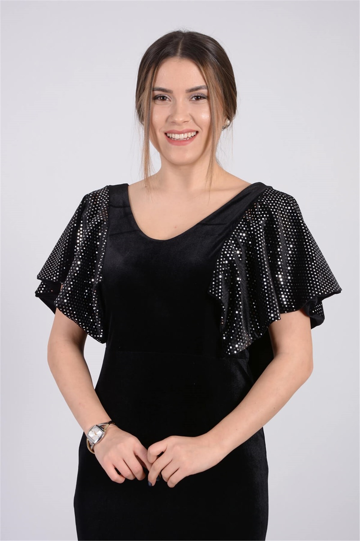 Kadife Omuz Detaylı Balık Elbise - Siyah