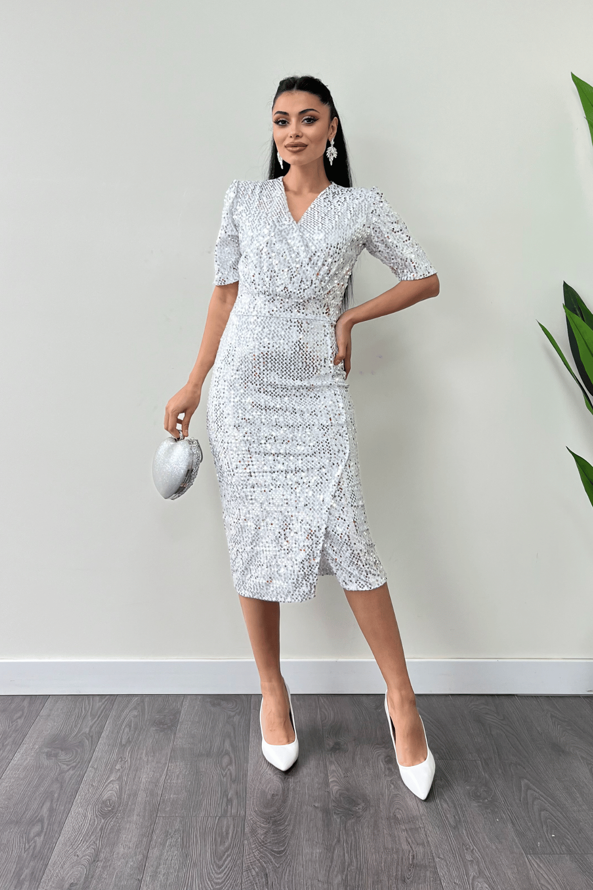 Kadife Payet Ceket Elbise - BEYAZ