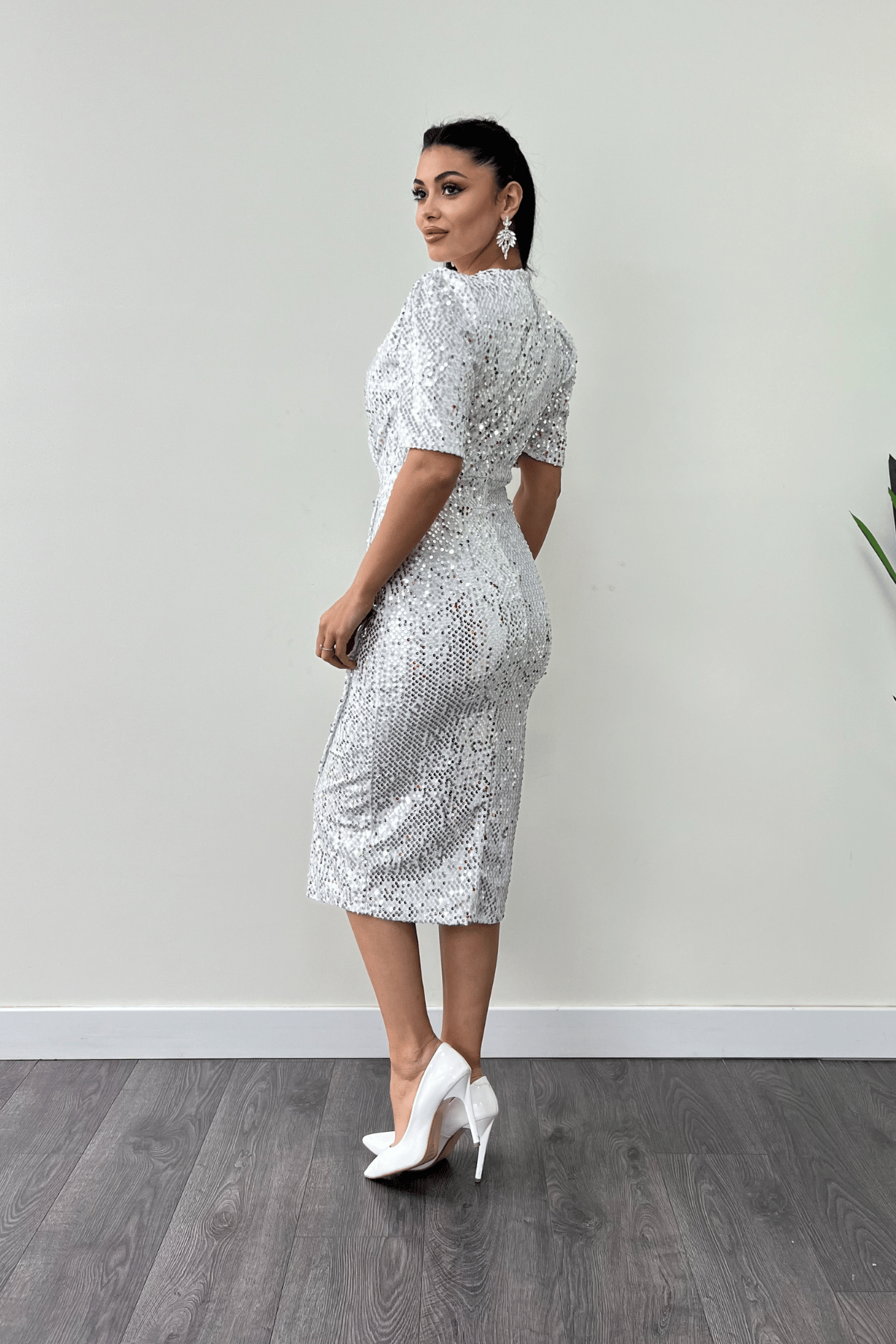 Kadife Payet Ceket Elbise - BEYAZ