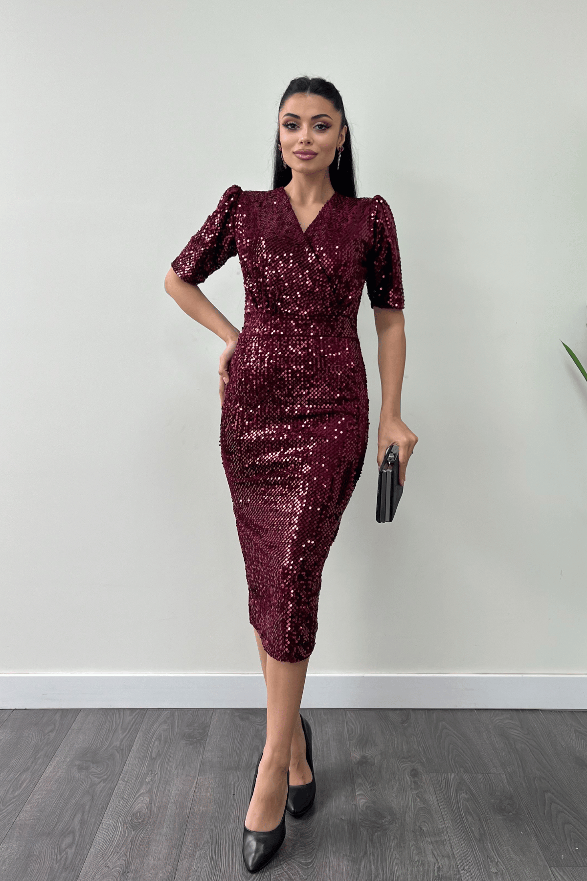 فستان جاكيت مخملي ترتر - بورجوندي