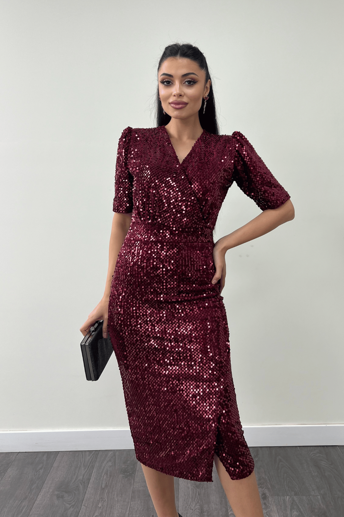 فستان جاكيت مخملي ترتر - بورجوندي