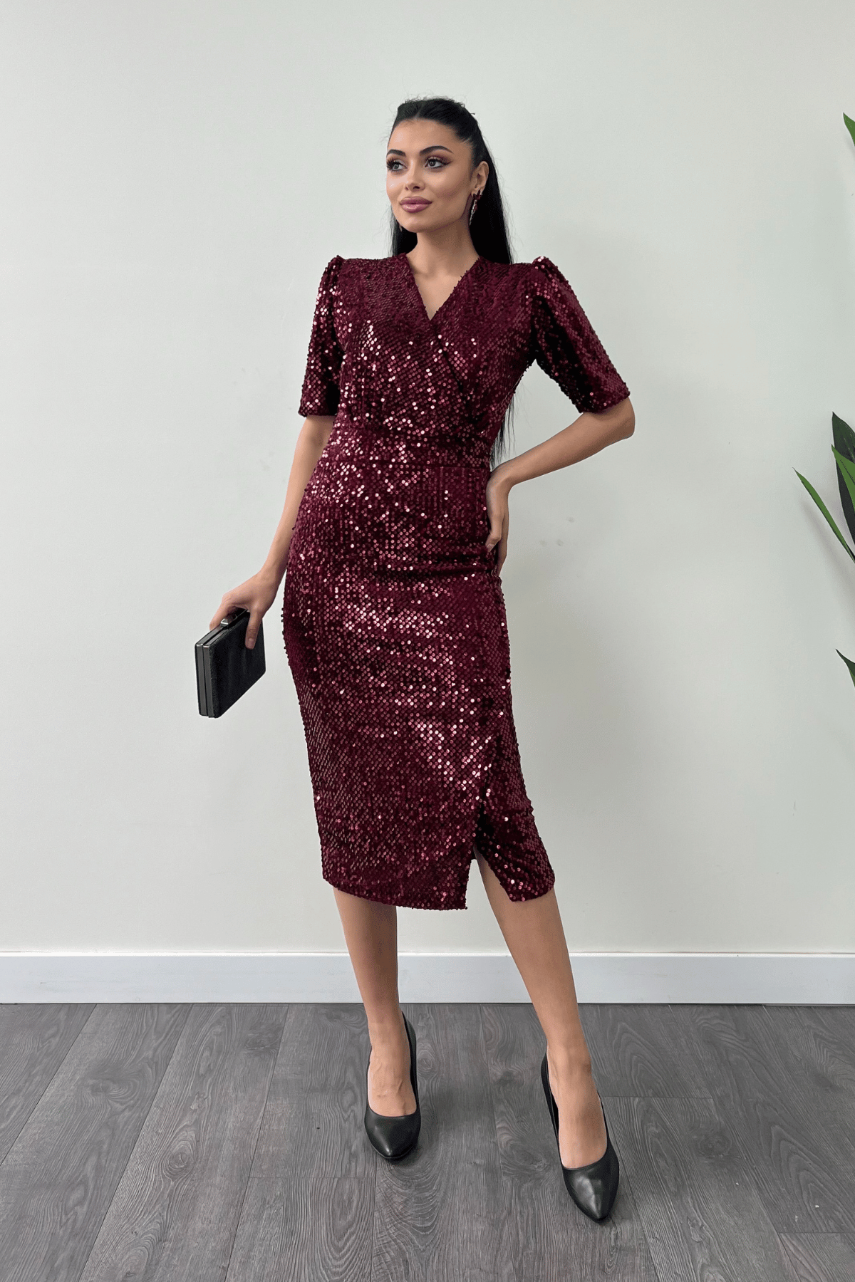 فستان جاكيت مخملي ترتر - بورجوندي