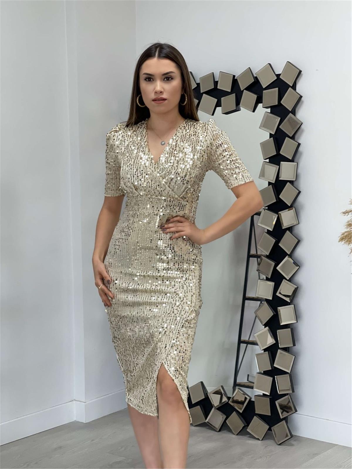 Kadife Payet Ceket Elbise - GOLD
