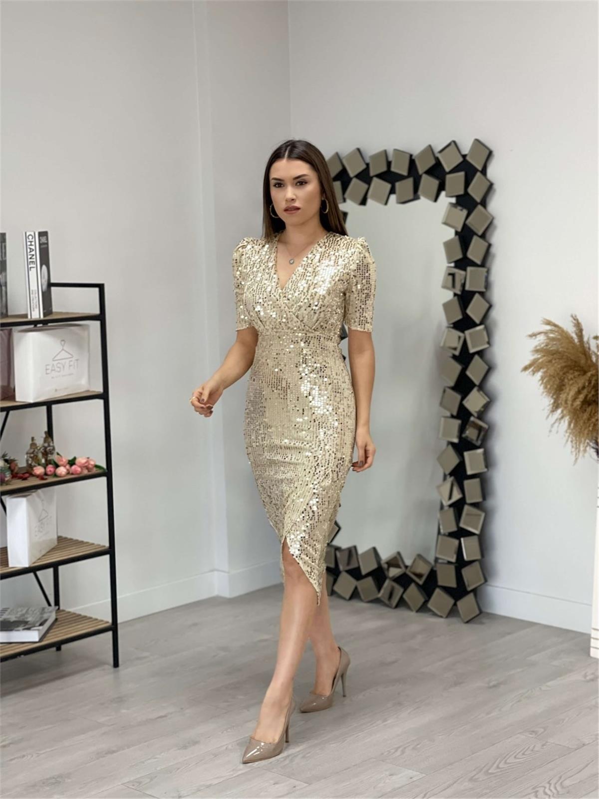 Kadife Payet Ceket Elbise - GOLD
