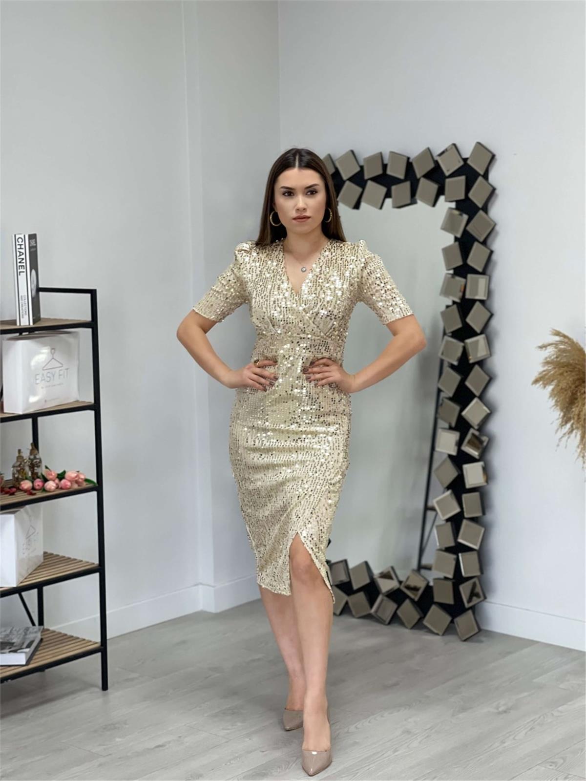 Kadife Payet Ceket Elbise - GOLD