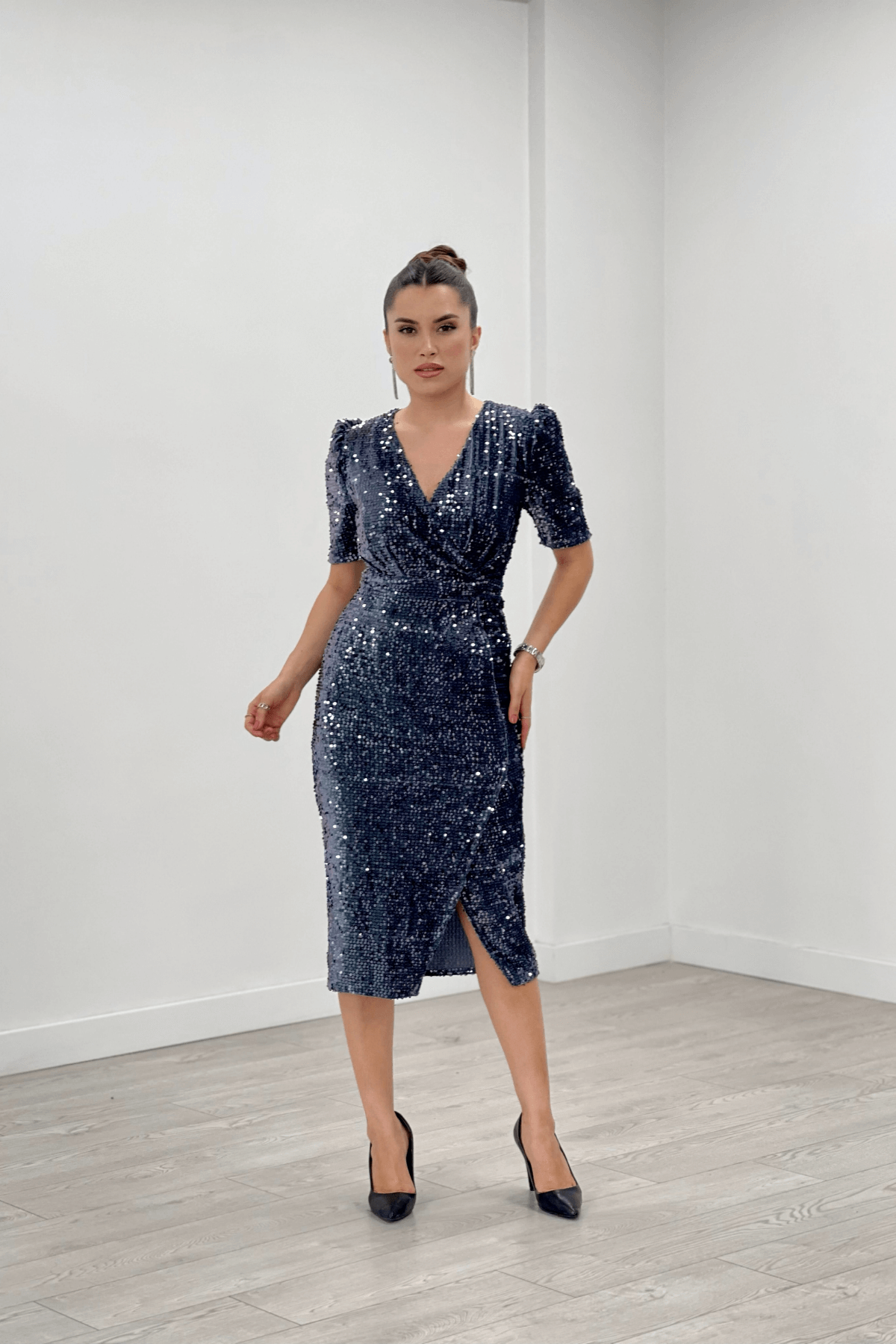 Kadife Payet Ceket Elbise - GRİ