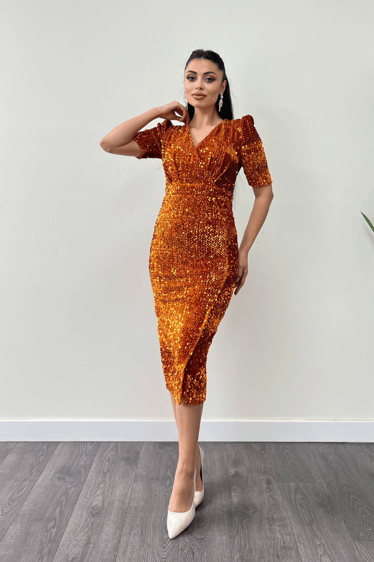 فستان جاكيت مخملي ترتر - خردل