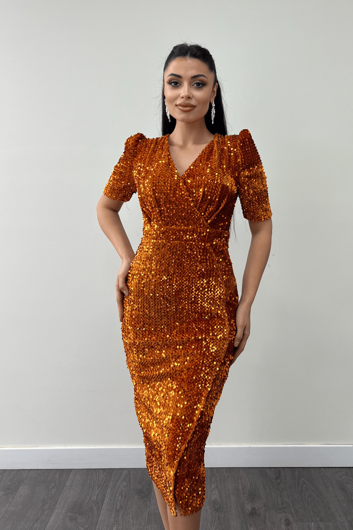 فستان جاكيت مخملي ترتر - خردل