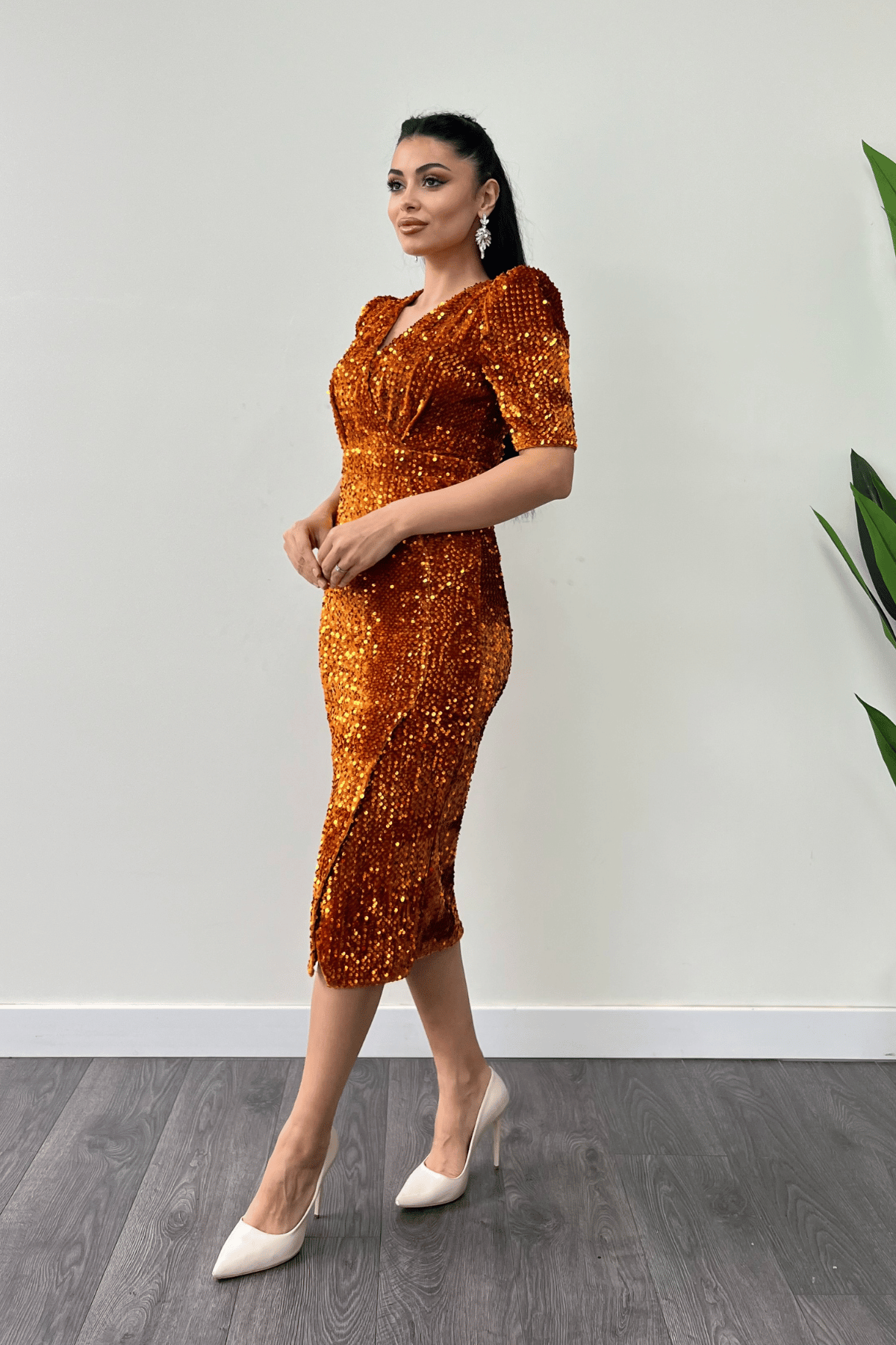 فستان جاكيت مخملي ترتر - خردل