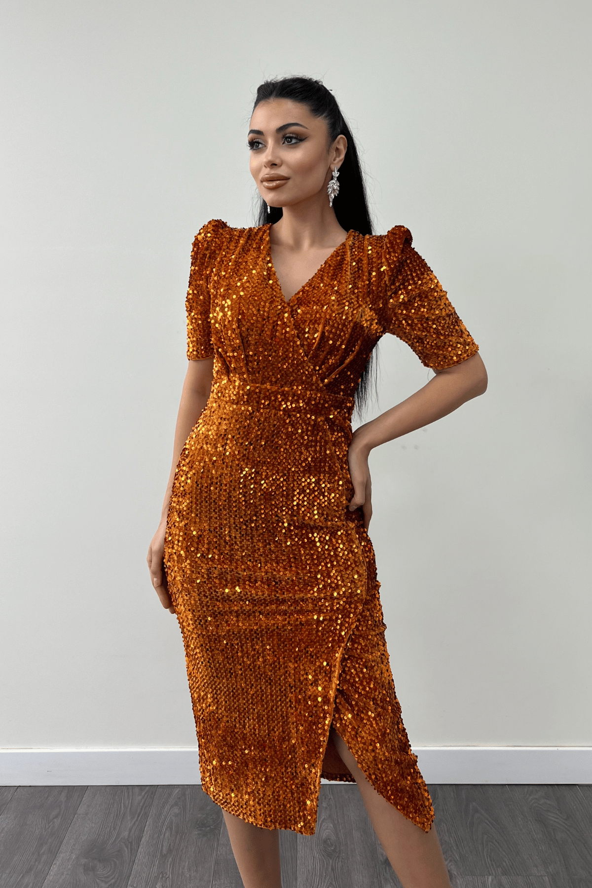 فستان جاكيت مخملي ترتر - خردل