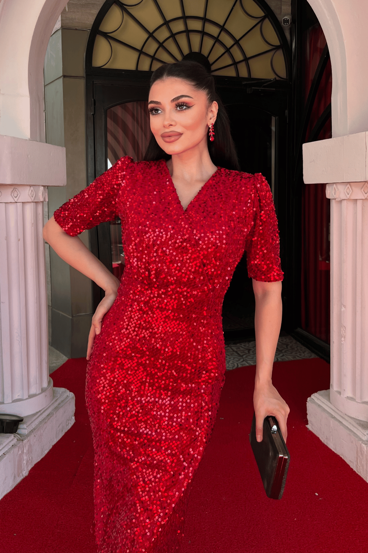 فستان جاكيت مخملي ترتر - أحمر