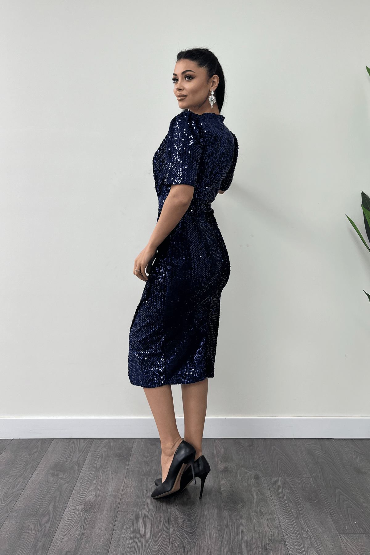 Kadife Payet Ceket Elbise - KOYU LACİVERT