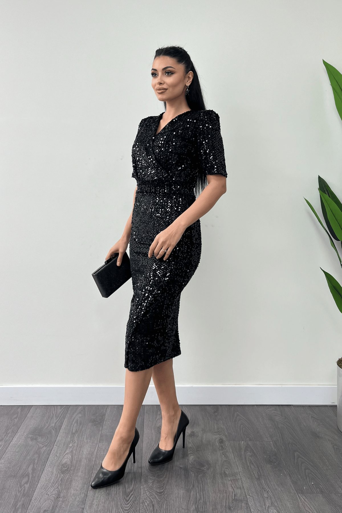 Kadife Payet Ceket Elbise - Siyah
