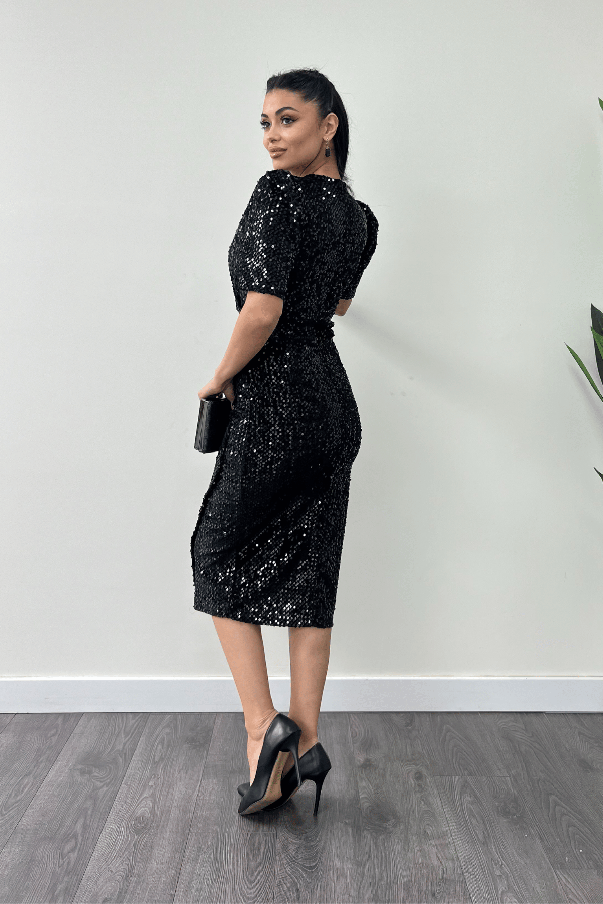 Kadife Payet Ceket Elbise - Siyah