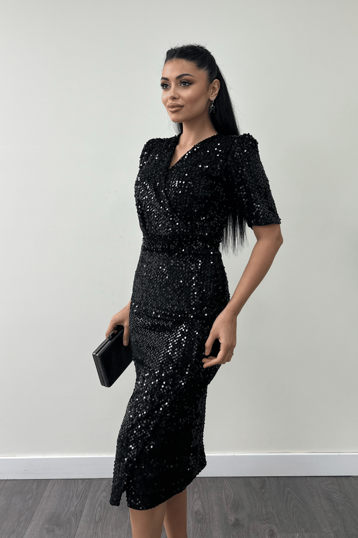 Kadife Payet Ceket Elbise - Siyah