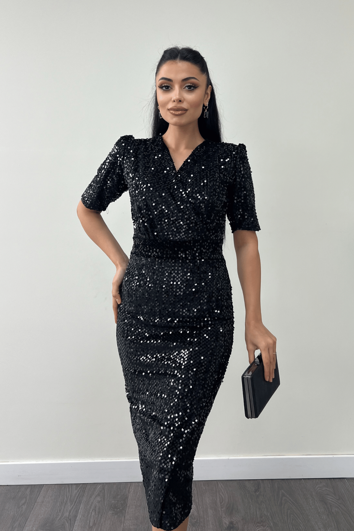 Kadife Payet Ceket Elbise - Siyah