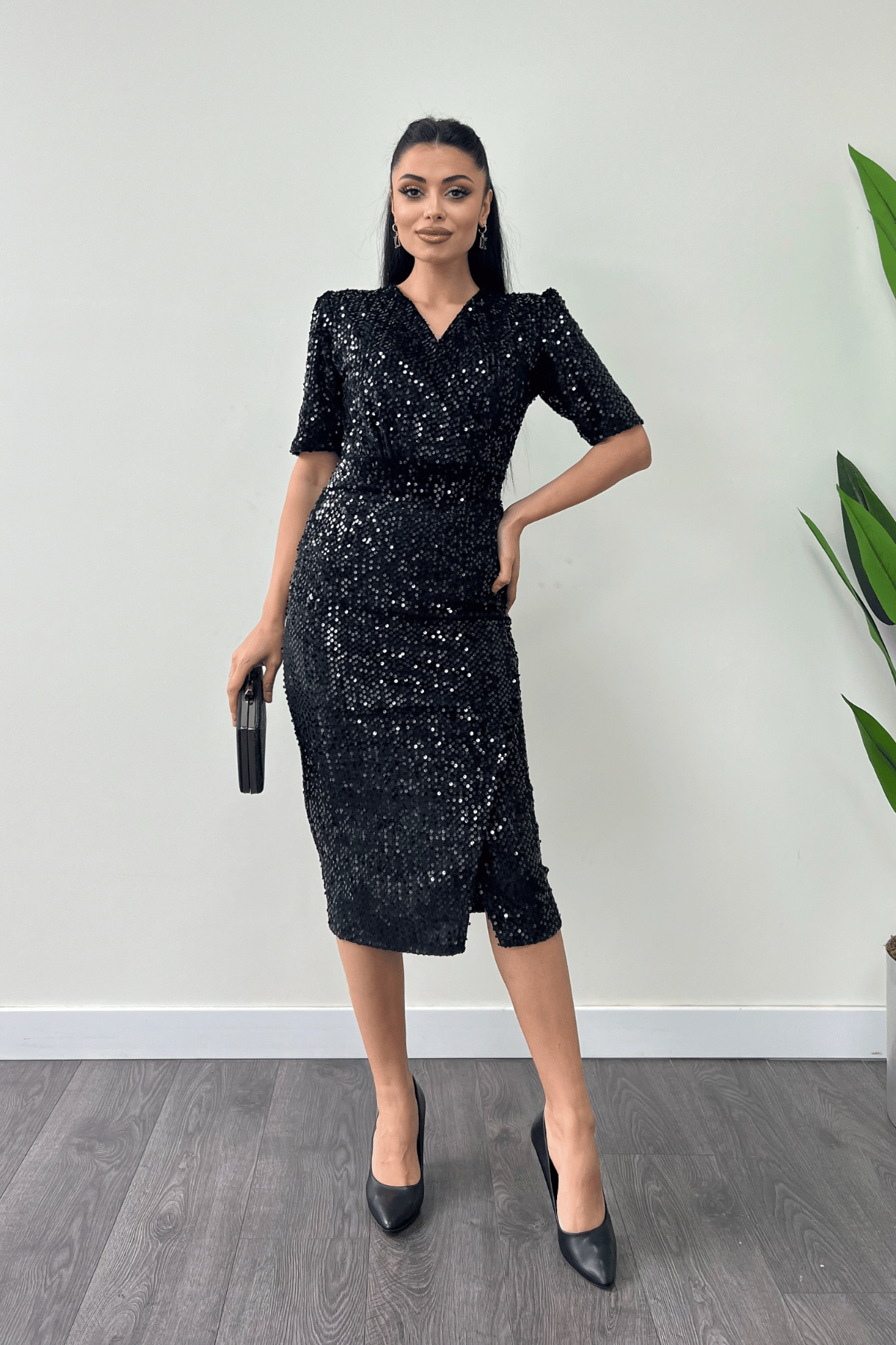 Kadife Payet Ceket Elbise - Siyah