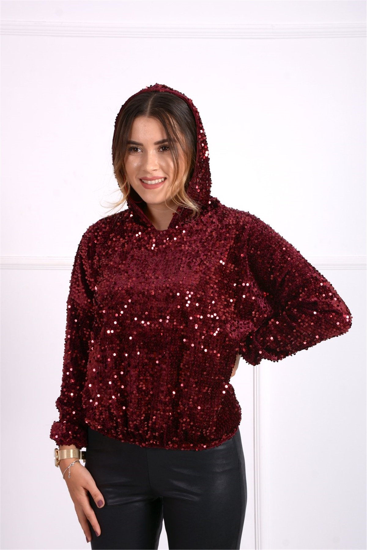 Kadife Payet Kapişonlu Büyük Beden Sweat -Bordo