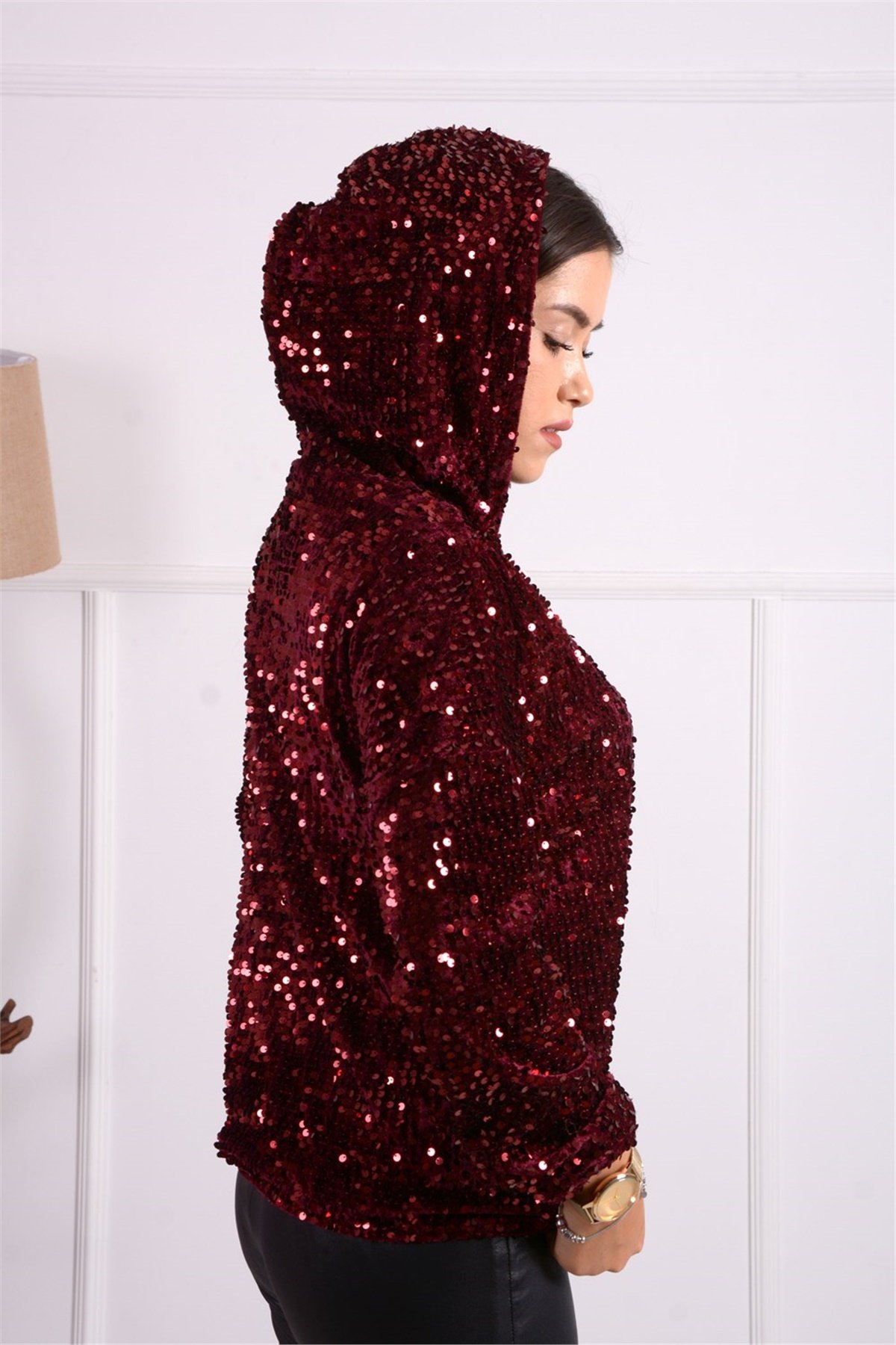 Kadife Payet Kapişonlu Büyük Beden Sweat -Bordo
