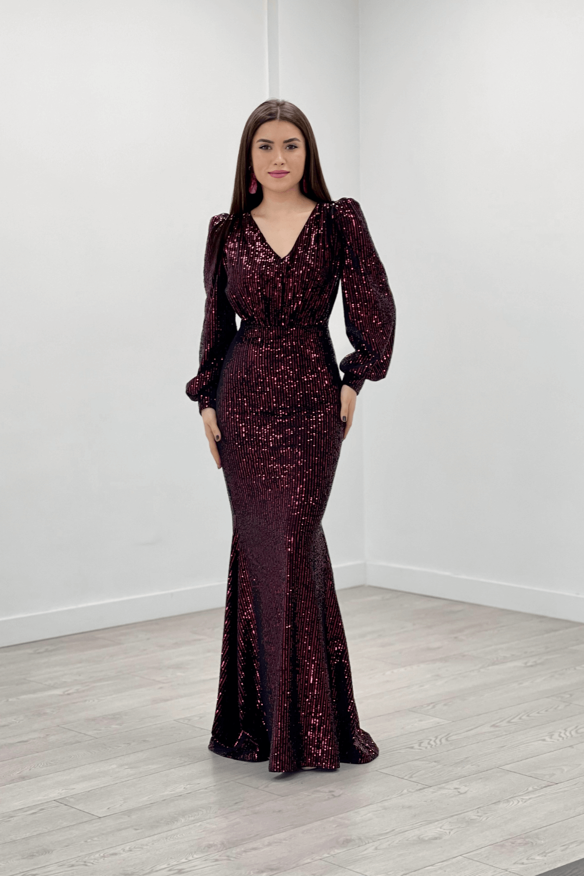 Çizgili Payet Kumaş Balık Elbise - BORDO