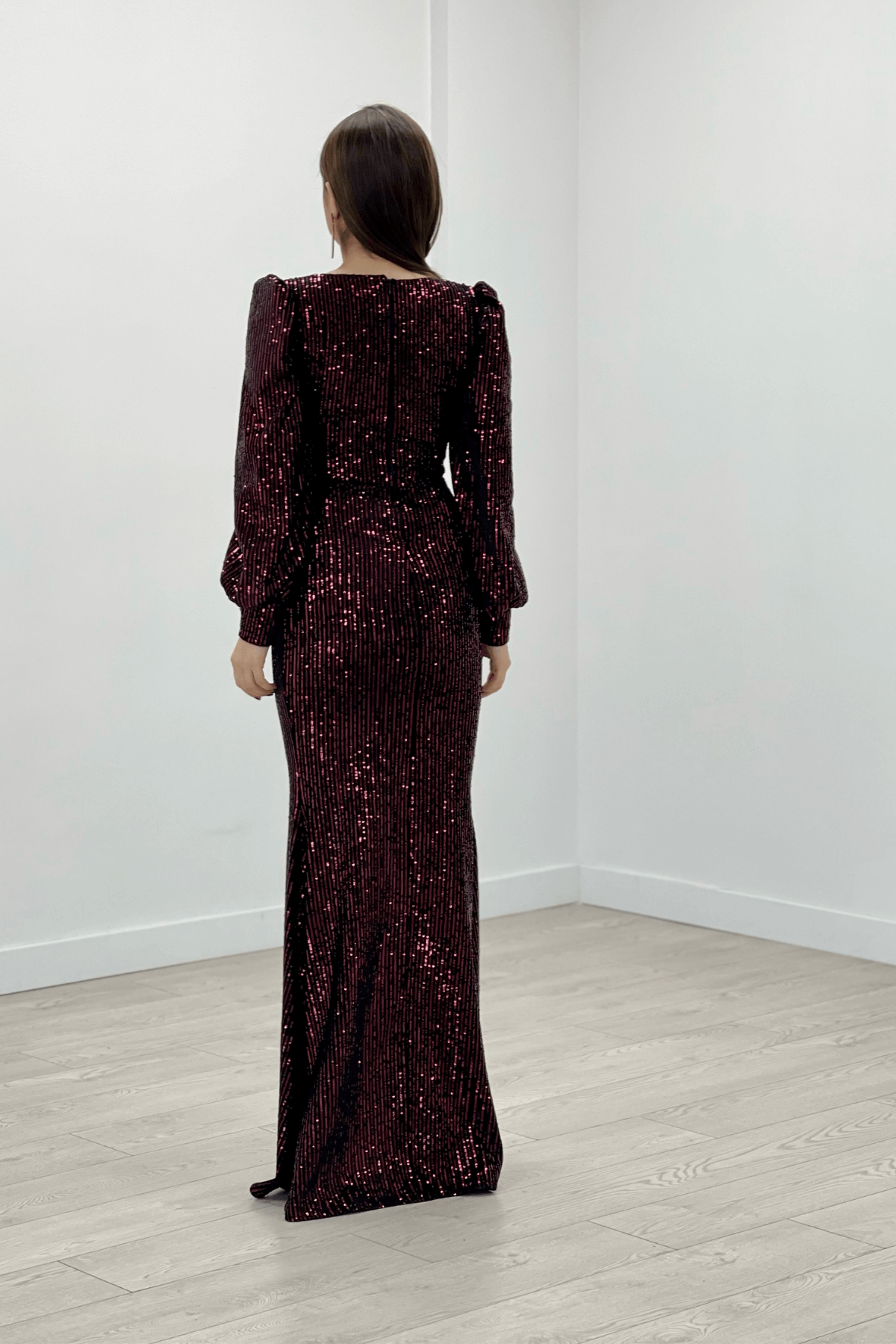 Çizgili Payet Kumaş Balık Elbise - BORDO