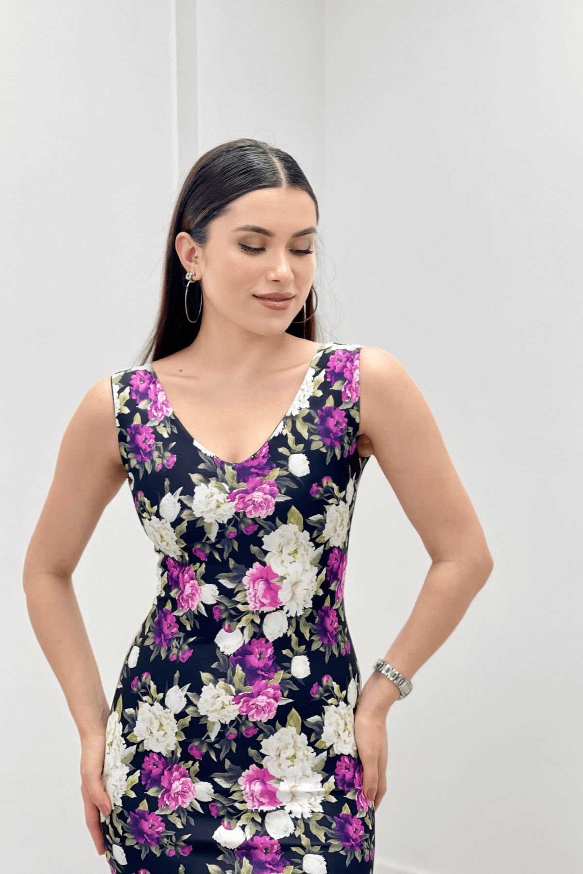Thick Strap Floral Dress - Black
