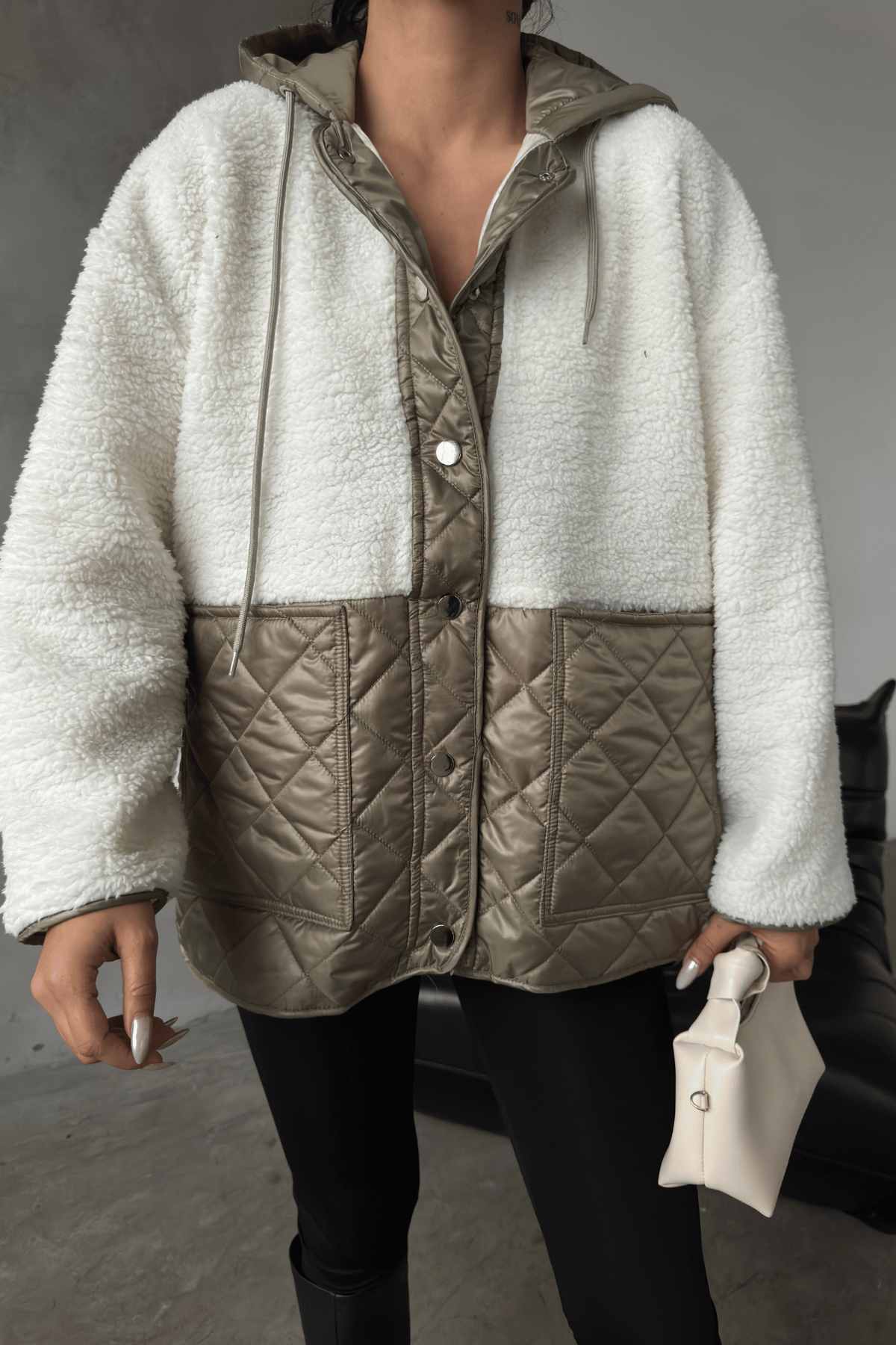 Kapitone Kumaş Peluş Garnili Ceket - HAKİ YEŞİLİ