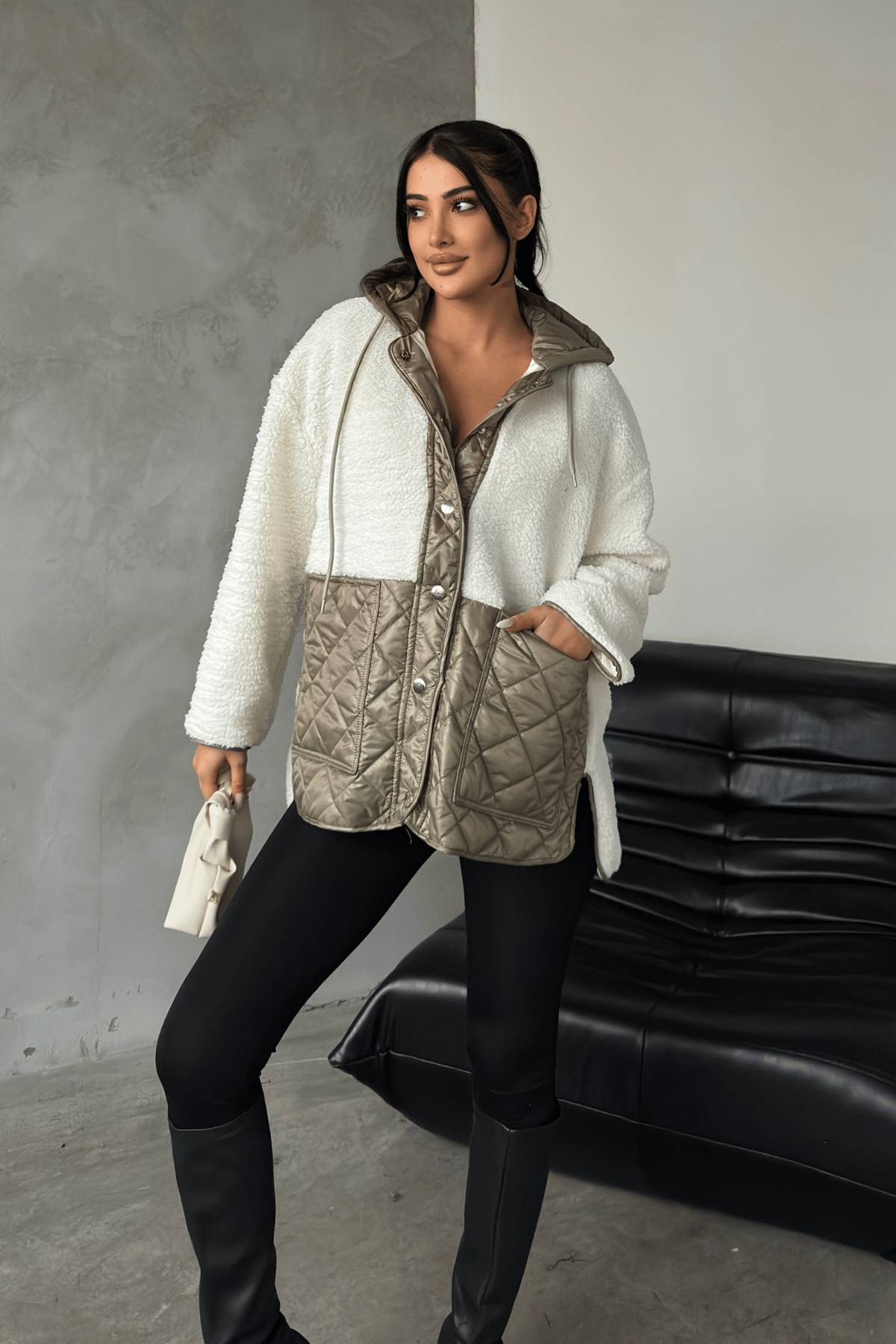 Kapitone Kumaş Peluş Garnili Ceket - HAKİ YEŞİLİ