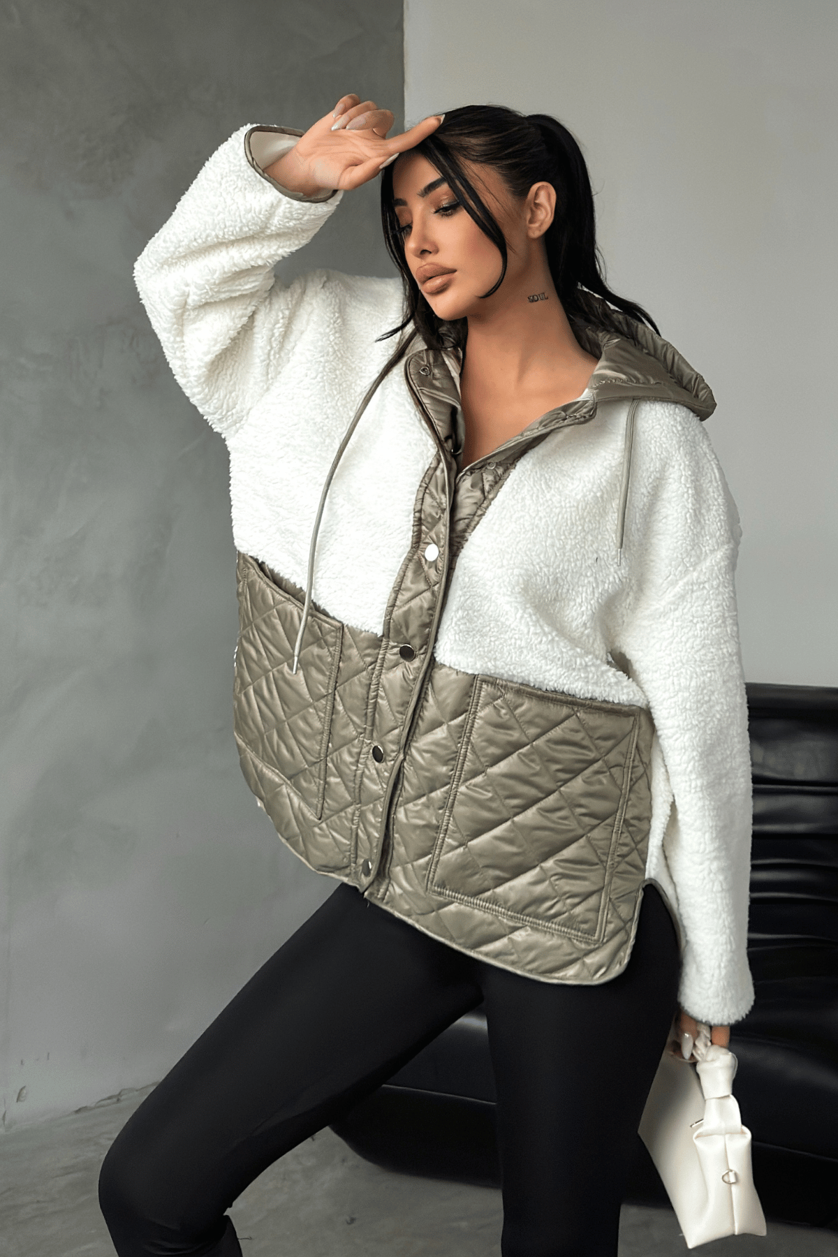 Kapitone Kumaş Peluş Garnili Ceket - HAKİ YEŞİLİ
