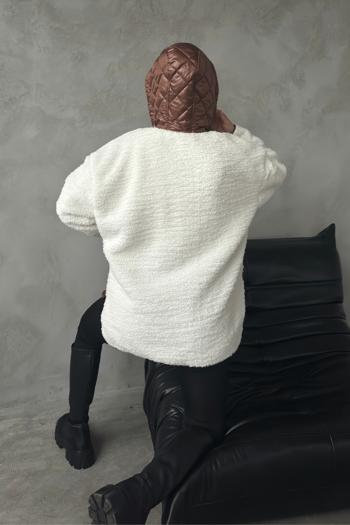 Kapitone Kumaş Peluş Garnili Ceket - KAHVERENGİ