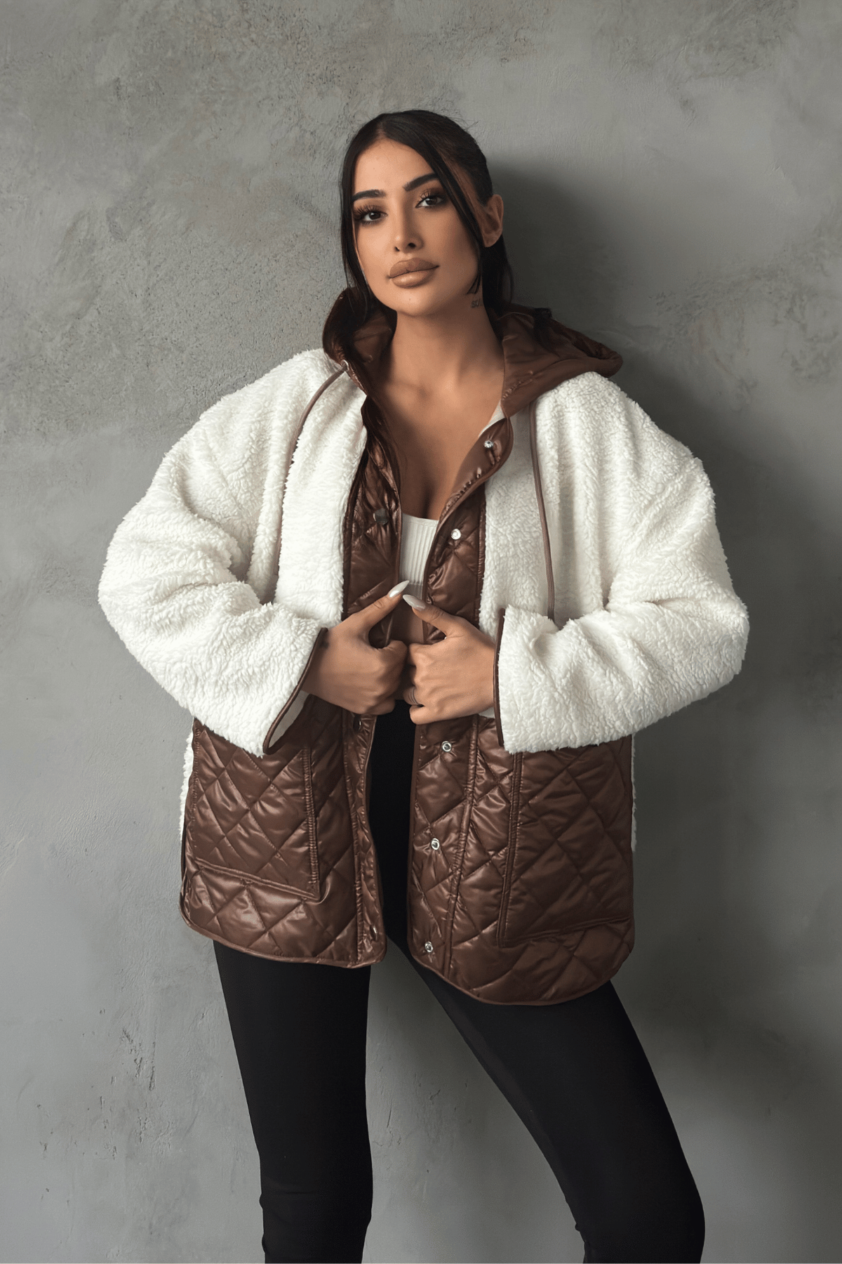 Kapitone Kumaş Peluş Garnili Ceket - KAHVERENGİ