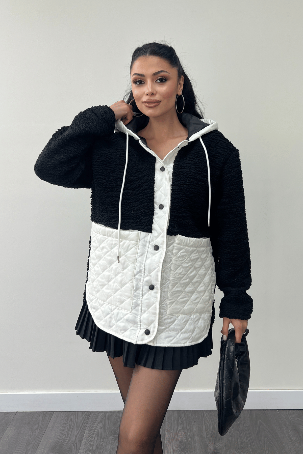 Kapitone Kumaş Peluş Garnili Ceket - SİYAH