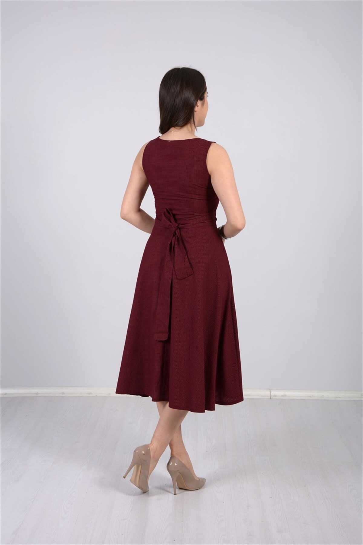 Kareli Kumaş Midi Elbise - BORDO